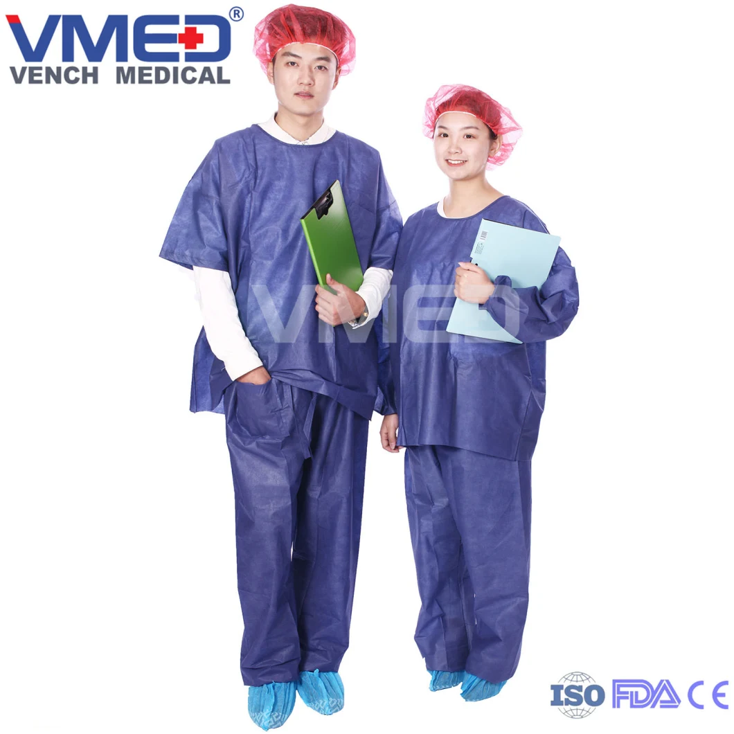 Disposable Spp Non-Woven Scrub Suit with Round Neck and Short Sleeves