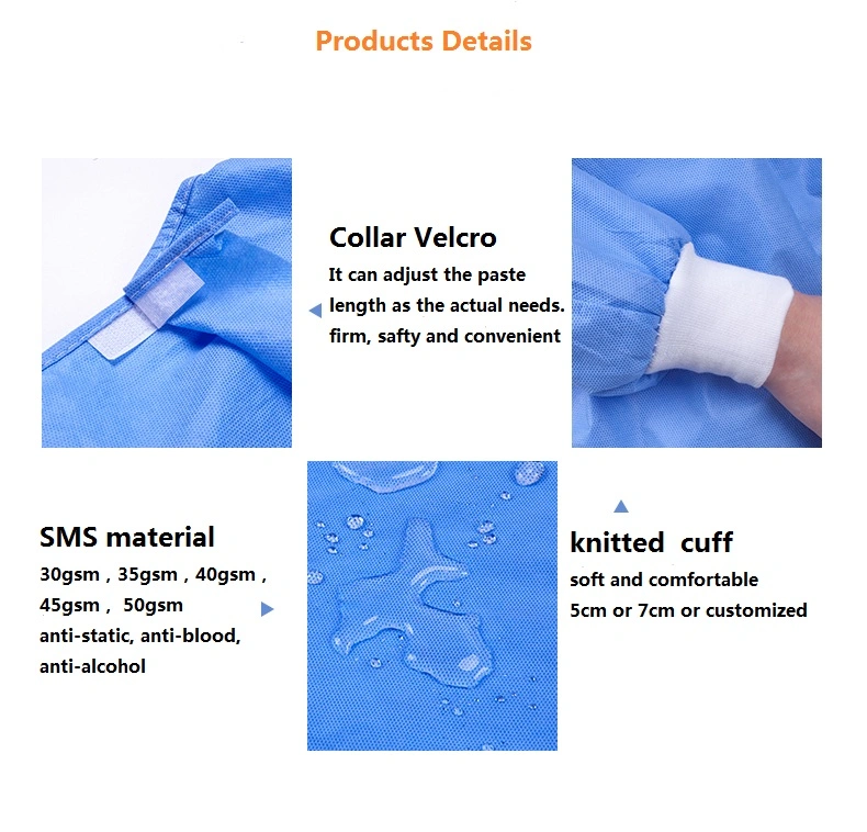 Disposable Reinforced Surgical Gown of SMS Non Woven or Spunlace Material